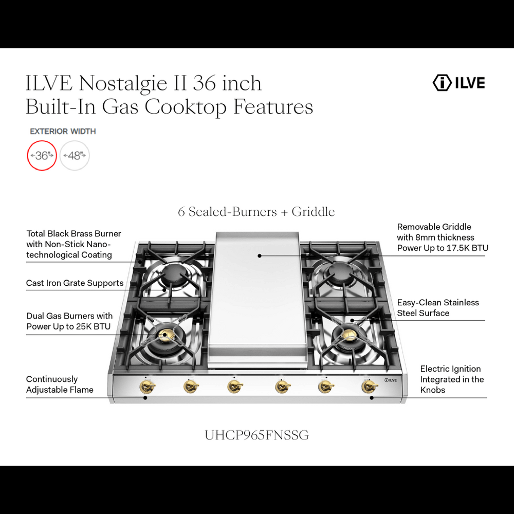 Ilve UHCP965FNSSG Ilve Uhcp965Fnssg Nostalgie Ii 36 Inch Built-In Gas Cooktop With Griddle, In Stainless Steel (Natural Gas)