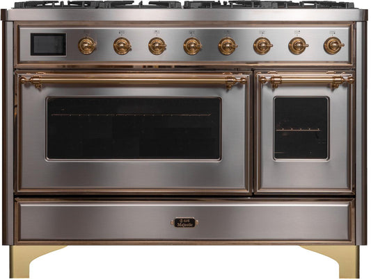 Ilve UM12FDNS3SSGLP Majestic Ii 48 Inch Dual Fuel Liquid Propane Freestanding Range In Stainless Steel With Brass Trim