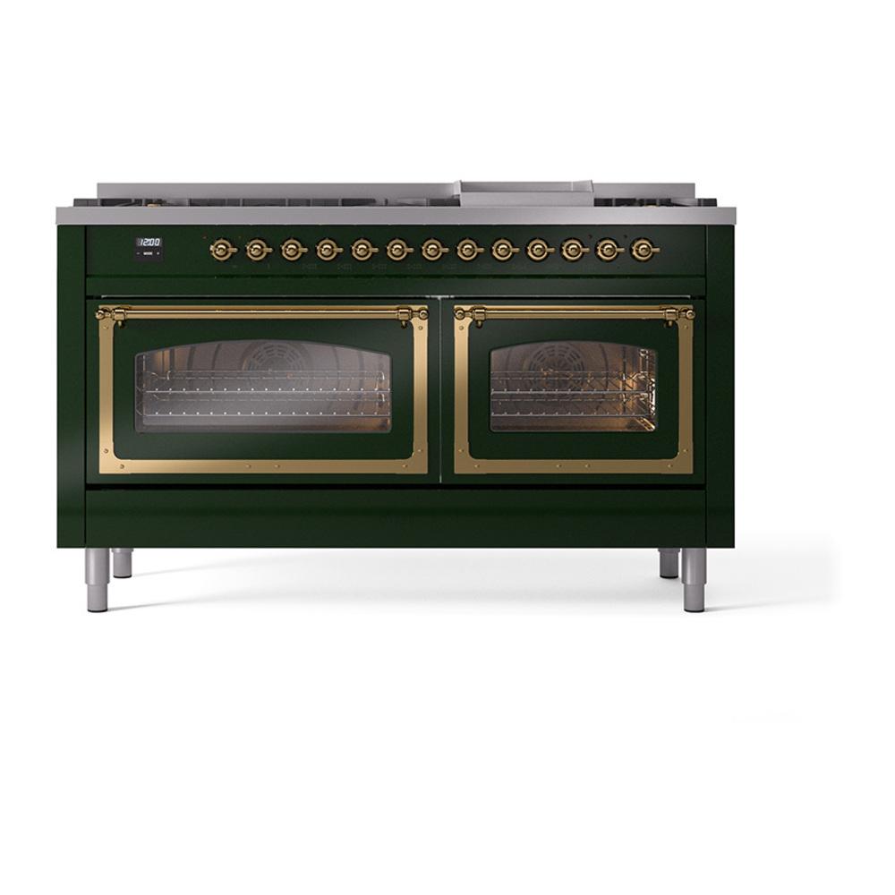 Ilve UN60FNMPEGG Ilve Un60Fnmpegg Nostalgie Ii Noblesse 60" Dual Fuel Range (9 Sealed Burners + Griddle, Natural Gas, Triple Glass Door, Emerald Green, Brass)