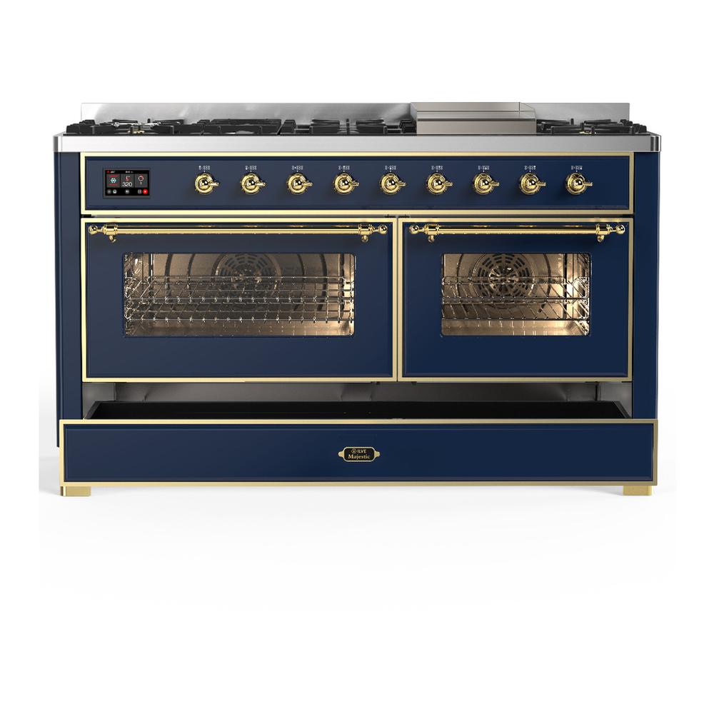 Ilve UM60FNR3MBG Ilve Um60Fnr3Mbg Majestic Iii 60 Inch Dual Fuel Range With 9 Burners And Griddle, Dual Function Burner Up To 25,000 Btu (Natural Gas, Triple Glass Door, Midnight Blue, Brass)