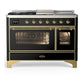 Ilve UM48FSNR3BKG Ilve Um48Fsnr3Bkg Majestic Iii 48 Inch Dual Fuel Range With 5 Black Brass Burners, Griddle And French Top, Dual Function Burner Up To 25,000 Btu (Natural Gas, Triple Glass Door, Glossy Black, Brass)