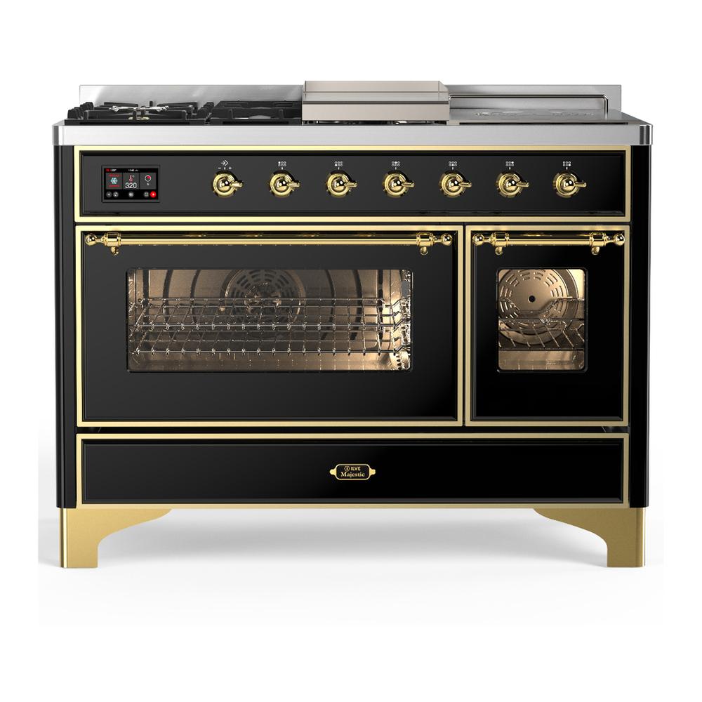 Ilve UM48FSNR3BKG Ilve Um48Fsnr3Bkg Majestic Iii 48 Inch Dual Fuel Range With 5 Black Brass Burners, Griddle And French Top, Dual Function Burner Up To 25,000 Btu (Natural Gas, Triple Glass Door, Glossy Black, Brass)