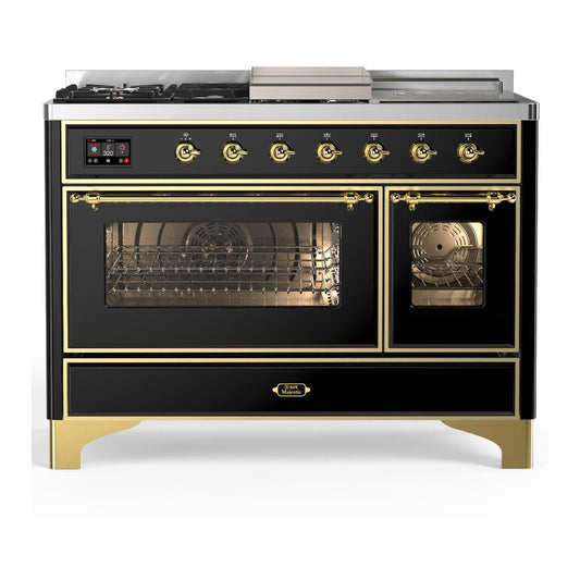 Ilve UM48FSNR3BKG Ilve Um48Fsnr3Bkg Majestic Iii 48 Inch Dual Fuel Range With 5 Black Brass Burners, Griddle And French Top, Dual Function Burner Up To 25,000 Btu (Natural Gas, Triple Glass Door, Glossy Black, Brass)