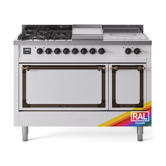 Ilve UN48FSQNMPRABLP Ilve Un48Fsqnmprablp Nostalgie Ii Noblesse 48" Dual Fuel Range (5 Sealed Burners + Griddle + French Top, Liquid Propane, Solid Door, Ral, Burnished)