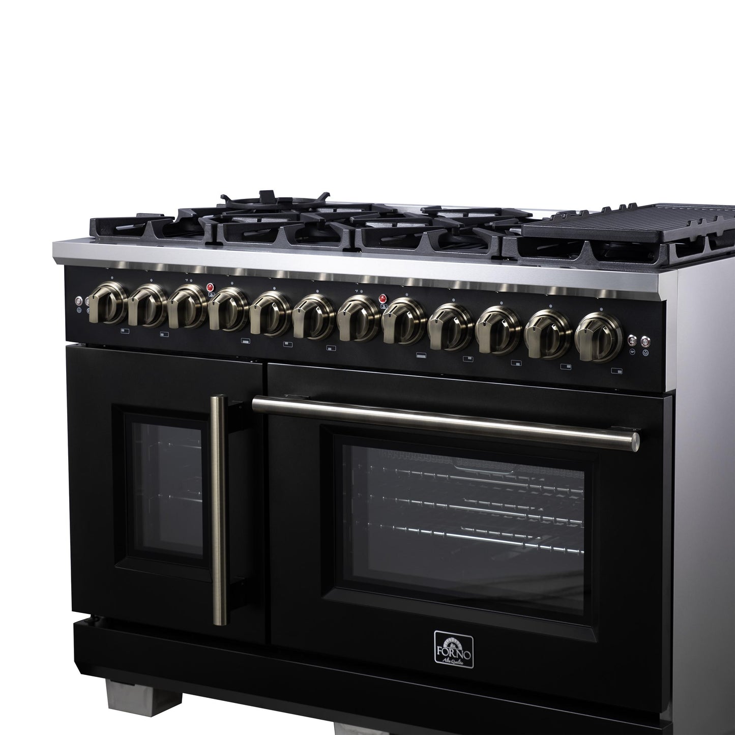 Forno FFSGS638748BLK Forno Capriasca 48 Inch Freestanding French Door Dual Fuel Range In Black With Antique Brass Accessories, 8 Burners, True Convection Oven