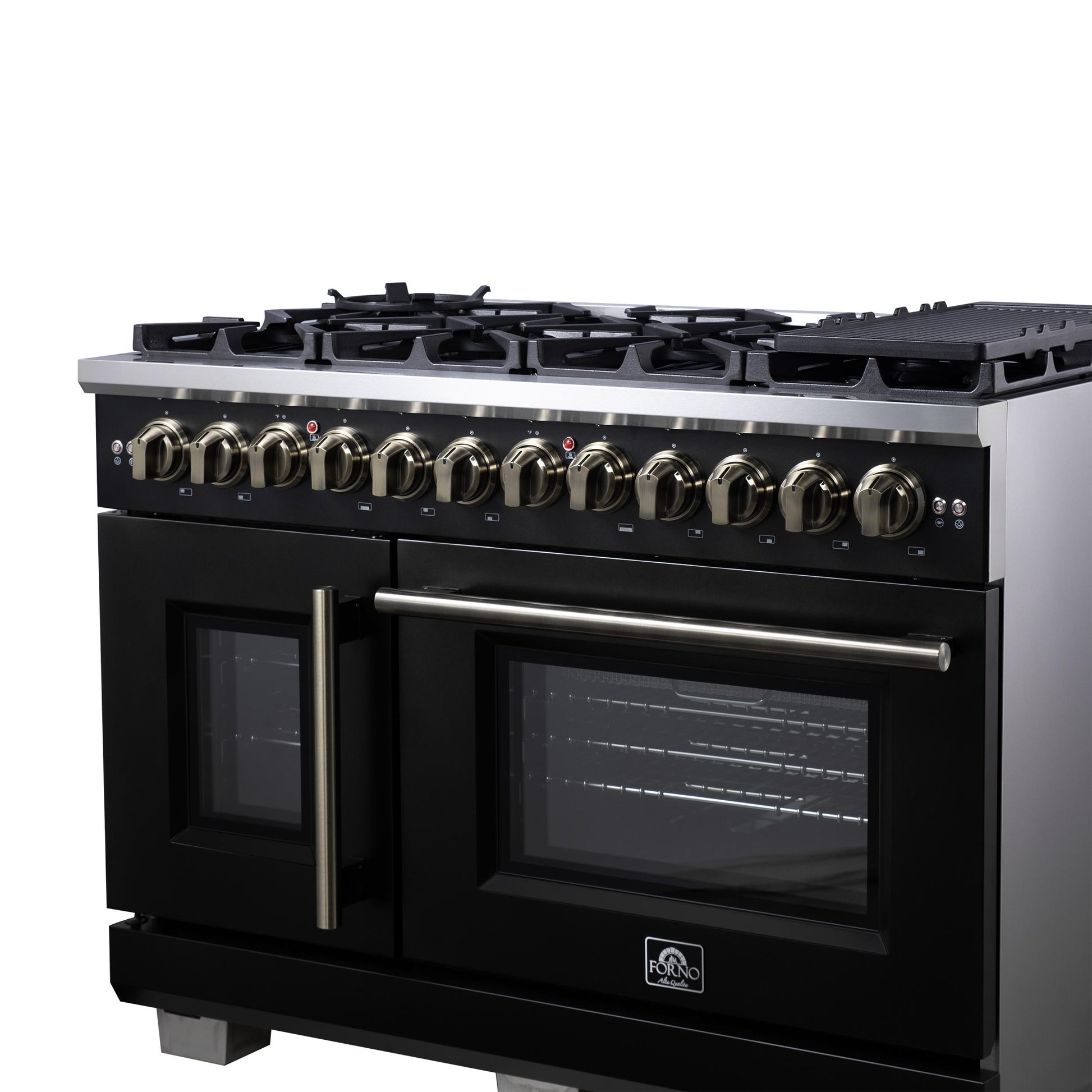 Forno FFSGS638748BLK Forno Capriasca 48 Inch Freestanding French Door Dual Fuel Range In Black With Antique Brass Accessories, 8 Burners, True Convection Oven