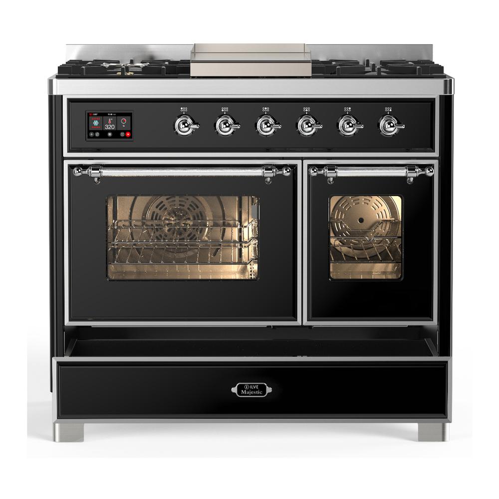 Ilve UMD40FNR3BKC Ilve Umd40Fnr3Bkc Majestic Iii 40 Inch Dual Fuel Range With 6 Burners And Griddle, Dual Function Burner Up To 25,000 Btu (Natural Gas, Triple Glass Door, Glossy Black, Chrome)