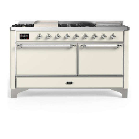 Ilve UM60FSQNR3AWC Ilve Um60Fsqnr3Awc Majestic Iii 60 Inch Dual Fuel Range With 7 Burners, Griddle And French Top, Dual Function Burner With Up To 25,000 Btu (Natural Gas, Solid Door, Antique White, Chrome)