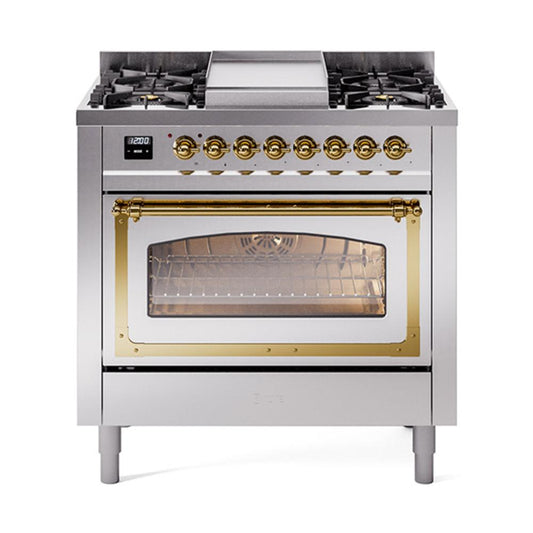 Ilve UN36FNMPSSGLP Ilve Un36Fnmpssglp Nostalgie Ii Noblesse 36" Dual Fuel Range (Liquid Propane, Triple Glass Door, Stainless Steel, Brass)