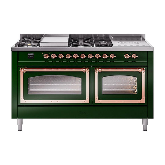 Ilve UN60FSNMPEGP Ilve Un60Fsnmpegp Nostalgie Ii Noblesse 60" Dual Fuel Range (7 Sealed Burners + Griddle + French Top, Natural Gas, Triple Glass Door, Emerald Green, Copper)
