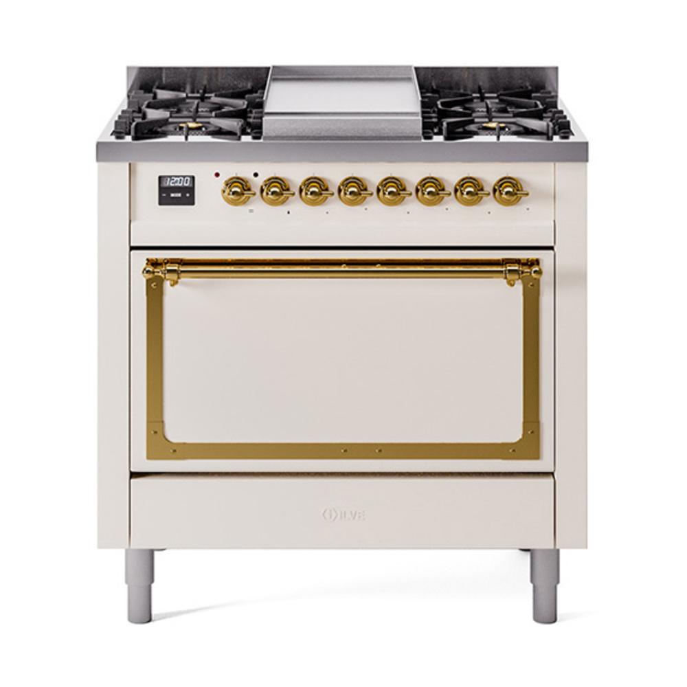 Ilve UN36FQNMPAWG Ilve Un36Fqnmpawg Nostalgie Ii Noblesse 36" Dual Fuel Range (Natural Gas, Solid Door, Antique White, Brass)