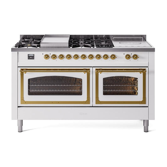 Ilve UN60FSNMPWHG Ilve Un60Fsnmpwhg Nostalgie Ii Noblesse 60" Dual Fuel Range (7 Sealed Burners + Griddle + French Top, Natural Gas, Triple Glass Door, White, Brass)