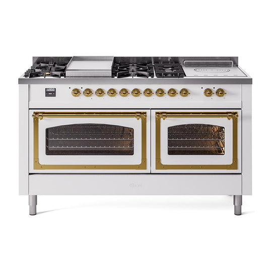 Ilve UN60FSNMPWHG Ilve Un60Fsnmpwhg Nostalgie Ii Noblesse 60" Dual Fuel Range (7 Sealed Burners + Griddle + French Top, Natural Gas, Triple Glass Door, White, Brass)