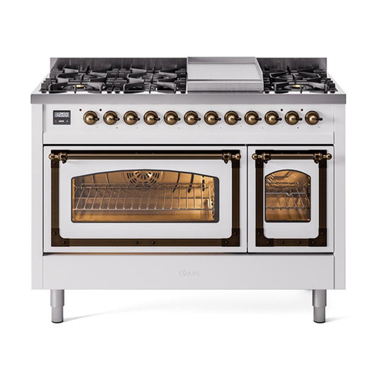 Ilve UN48FNMPWHB Ilve Un48Fnmpwhb Nostalgie Ii Noblesse 48" Dual Fuel Range (8 Sealed Burners + Griddle, Natural Gas, Triple Glass Door, White, Burnished)