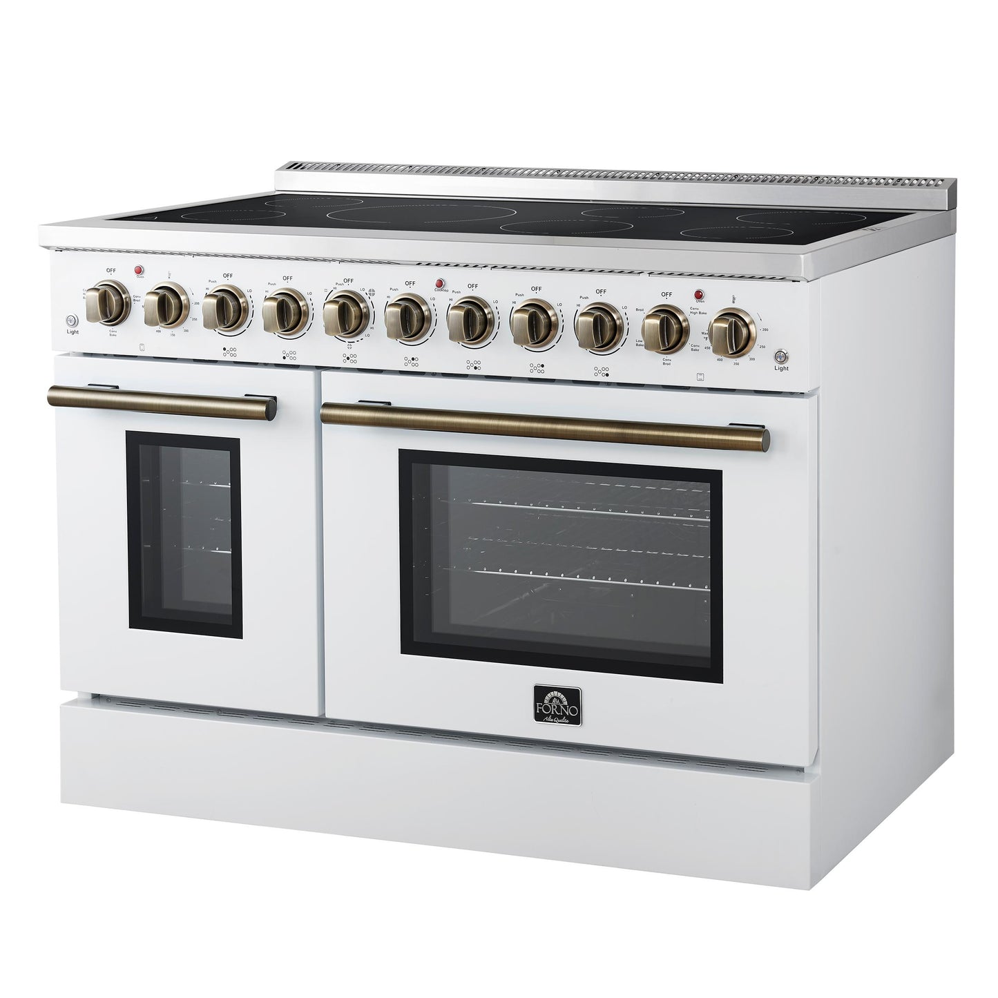 Forno FFSEL601148WHT Forno Paolo 48 Inch Freestanding Electric Range In White With Antique Brass, 6.7 Cu.Ft, True Convection Oven, Energy Efficient