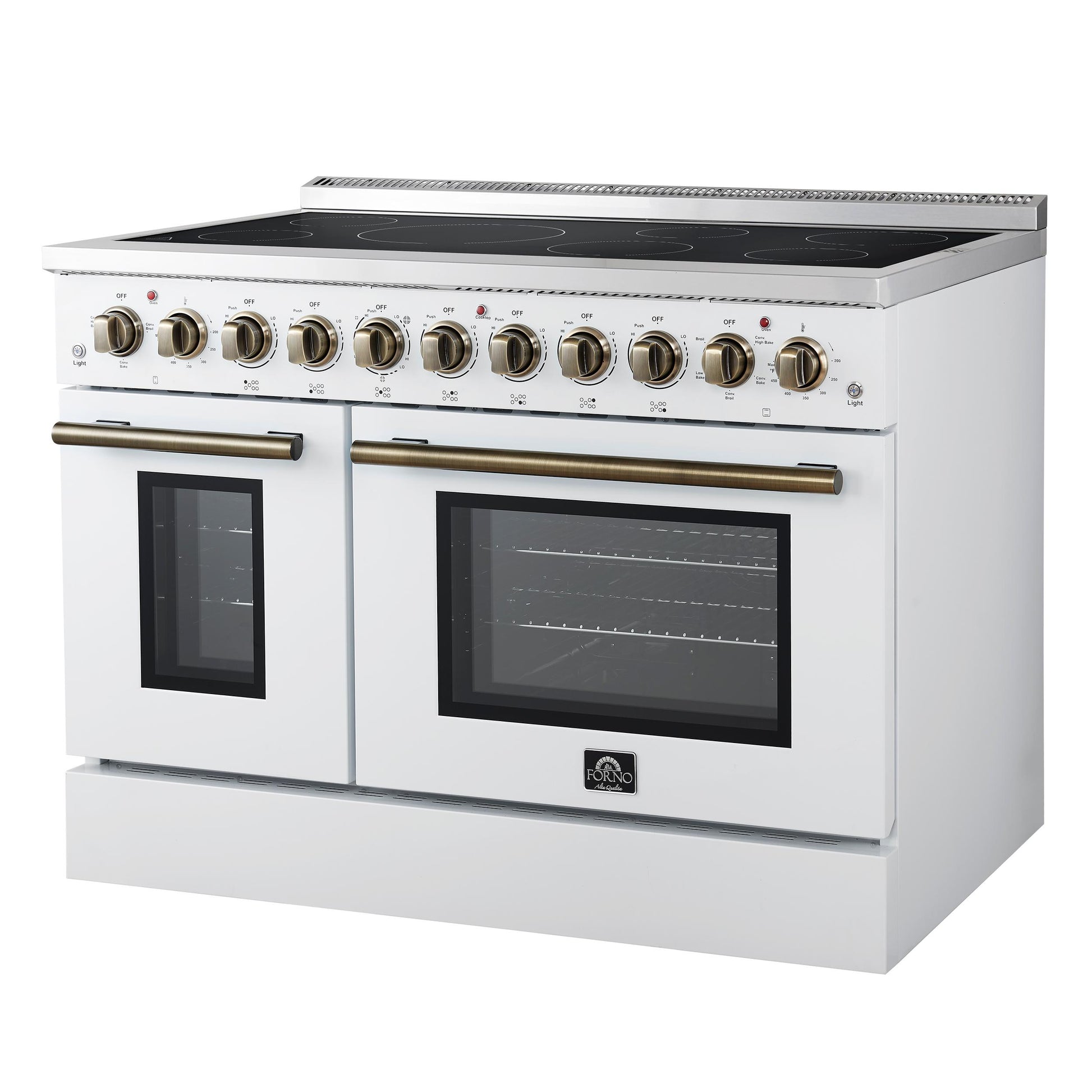 Forno FFSEL601148WHT Forno Paolo 48 Inch Freestanding Electric Range In White With Antique Brass, 6.7 Cu.Ft, True Convection Oven, Energy Efficient
