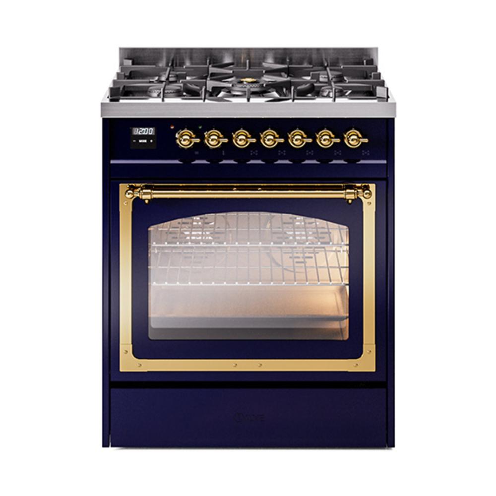 Ilve UN30NMPMBGLP Ilve Un30Nmpmbglp Nostalgie Ii Noblesse 30" Dual Fuel Range (Liquid Propane, Triple Glass Door, Midnight Blue, Brass)