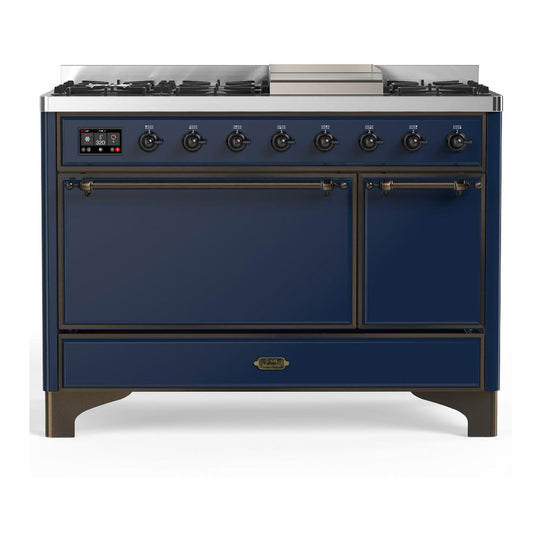 Ilve UM48FQNR3MBBLP Ilve Um48Fqnr3Mbblp Majestic Iii 48 Inch Dual Fuel Range With 8 Burners And Griddle, Dual Function Burner Up To 25,000 Btu (Liquid Propane, Solid Door, Midnight Blue, Burnished)