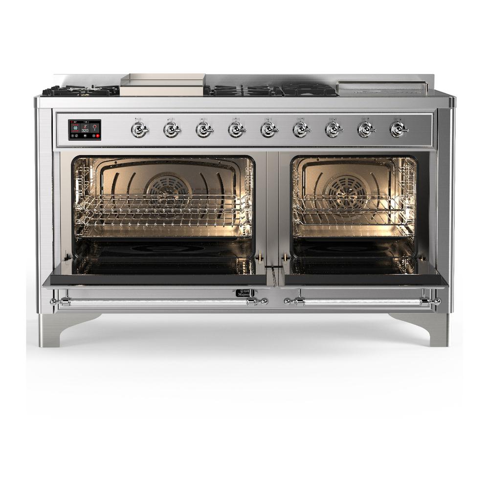 Ilve UM60FSNR3SSCLP Ilve Um60Fsnr3Ssclp Majestic Iii 60 Inch Dual Fuel Range With 7 Burners, Griddle And French Top, Dual Function Burner With Up To 25,000 Btu (Liquid Propane, Triple Glass Door, Stainless Steel, Chrome)
