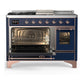 Ilve UM48FSNR3MBP Ilve Um48Fsnr3Mbp Majestic Iii 48 Inch Dual Fuel Range With 5 Black Brass Burners, Griddle And French Top, Dual Function Burner Up To 25,000 Btu (Natural Gas, Triple Glass Door, Midnight Blue, Copper)