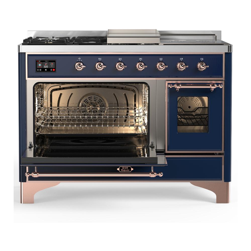Ilve UM48FSNR3MBP Ilve Um48Fsnr3Mbp Majestic Iii 48 Inch Dual Fuel Range With 5 Black Brass Burners, Griddle And French Top, Dual Function Burner Up To 25,000 Btu (Natural Gas, Triple Glass Door, Midnight Blue, Copper)