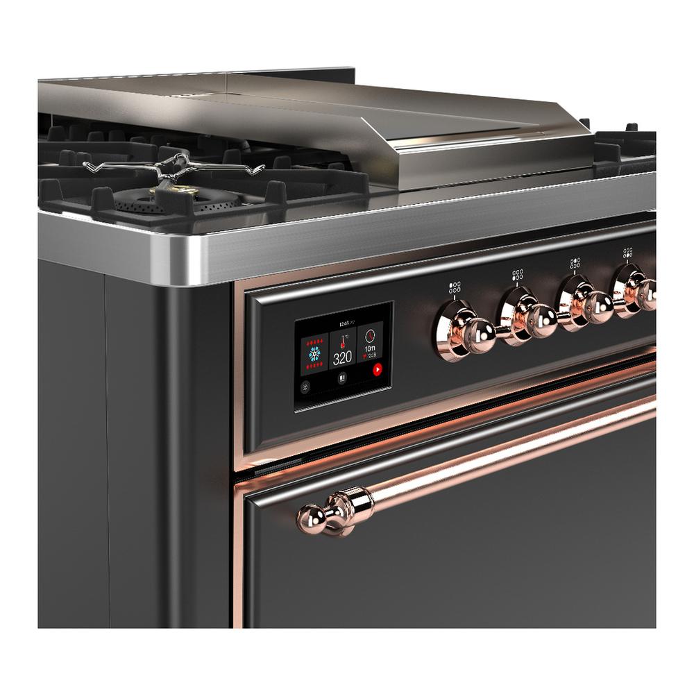 Ilve UM36FQNR3MGP Ilve Um36Fqnr3Mgp Majestic Iii 36 Inch Dual Fuel Range With 6 Black Brass Burners And Griddle, Dual Function Burner Up To 25,000 Btu (Solid Door, Graphite Matte, Copper, Natural Gas)