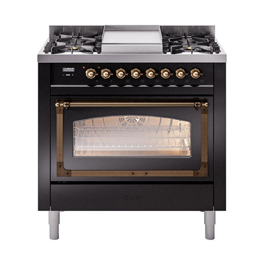 Ilve UN36FNMPBKB Ilve Un36Fnmpbkb Nostalgie Ii Noblesse 36" Dual Fuel Range (Natural Gas, Triple Glass Door, Glossy Black, Burnished)