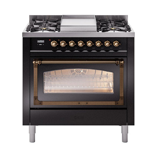Ilve UN36FNMPBKB Ilve Un36Fnmpbkb Nostalgie Ii Noblesse 36" Dual Fuel Range (Natural Gas, Triple Glass Door, Glossy Black, Burnished)