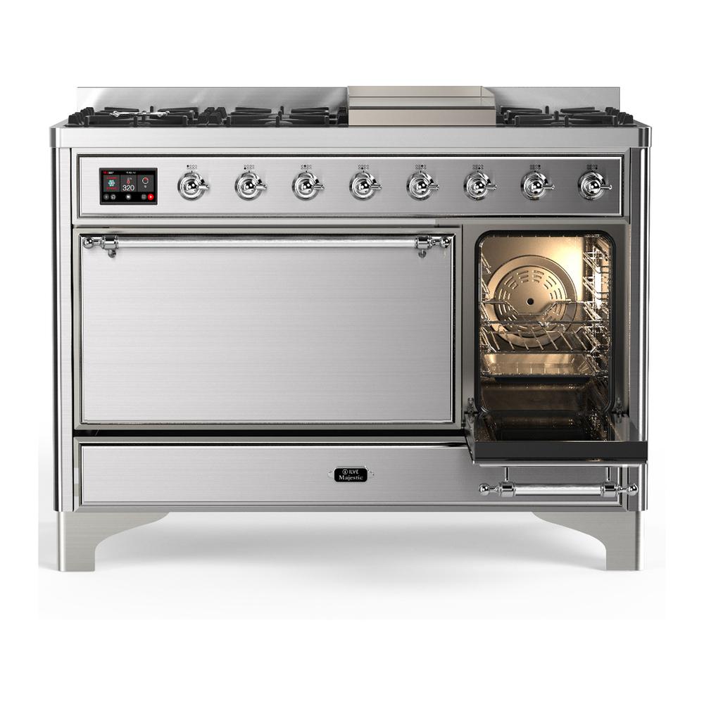 Ilve UM48FQNR3SSC Ilve Um48Fqnr3Ssc Majestic Iii 48 Inch Dual Fuel Range With 8 Burners And Griddle, Dual Function Burner Up To 25,000 Btu (Natural Gas, Solid Door, Stainless Steel, Chrome)