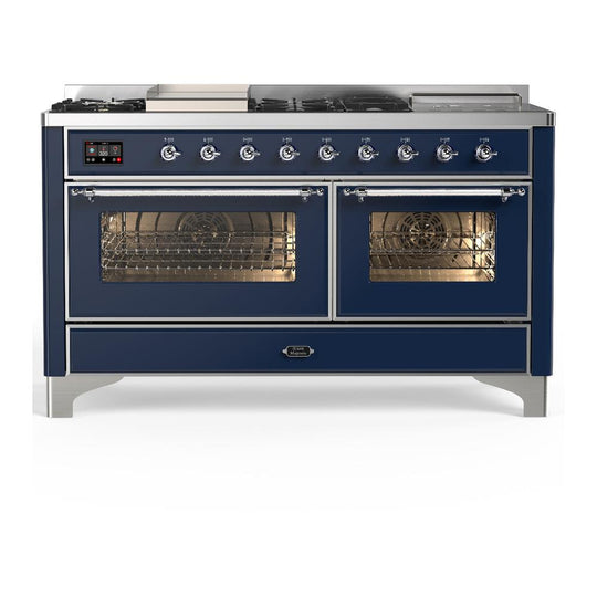 Ilve UM60FSNR3MBCLP Ilve Um60Fsnr3Mbclp Majestic Iii 60 Inch Dual Fuel Range With 7 Burners, Griddle And French Top, Dual Function Burner With Up To 25,000 Btu (Liquid Propane, Triple Glass Door, Midnight Blue, Chrome)