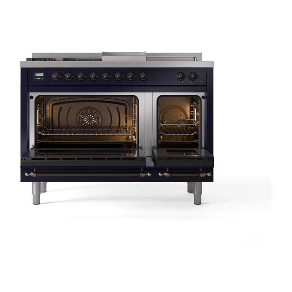 Ilve UN48FSQNMPMBB Ilve Un48Fsqnmpmbb Nostalgie Ii Noblesse 48" Dual Fuel Range (5 Sealed Burners + Griddle + French Top, Natural Gas, Solid Door, Midnight Blue, Burnished)