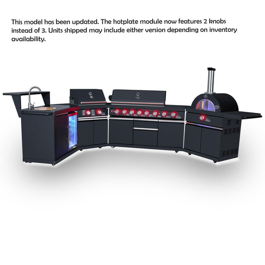 Forno FODKT2568BLK Forno All Aperto 99,600 Btu Outdoor Kitchen, 5 Burners, Infrared Burners, Side Burner, Black Sintered Stone Countertops, Gas Pizza Oven, Sink Module, Bar & Beverage Center
