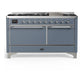 Ilve UM60FQNR3BGCLP Ilve Um60Fqnr3Bgclp Majestic Iii 60 Inch Dual Fuel Range With 9 Burners And Griddle, Dual Function Burner Up To 25,000 Btu (Liquid Propane, Solid Door, Blue Grey, Chrome)