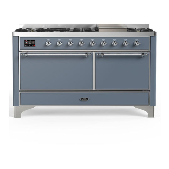 Ilve UM60FQNR3BGCLP Ilve Um60Fqnr3Bgclp Majestic Iii 60 Inch Dual Fuel Range With 9 Burners And Griddle, Dual Function Burner Up To 25,000 Btu (Liquid Propane, Solid Door, Blue Grey, Chrome)