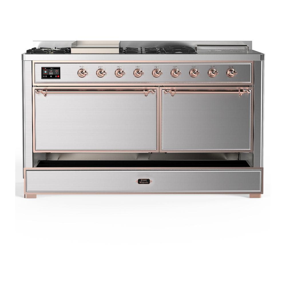 Ilve UM60FSQNR3SSP Ilve Um60Fsqnr3Ssp Majestic Iii 60 Inch Dual Fuel Range With 7 Burners, Griddle And French Top, Dual Function Burner With Up To 25,000 Btu (Natural Gas, Solid Door, Stainless Steel, Copper)