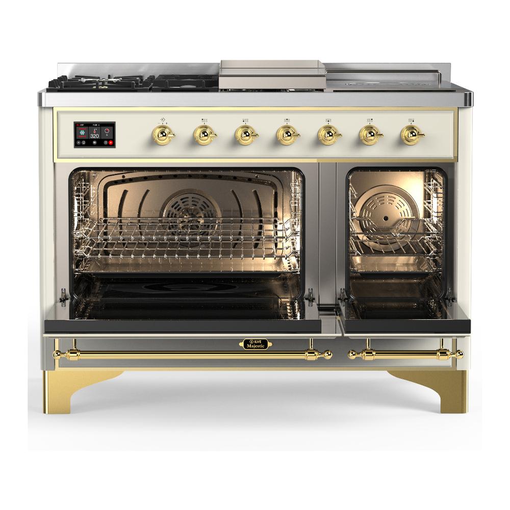 Ilve UM48FSNR3AWG Ilve Um48Fsnr3Awg Majestic Iii 48 Inch Dual Fuel Range With 5 Black Brass Burners, Griddle And French Top, Dual Function Burner Up To 25,000 Btu (Natural Gas, Triple Glass Door, Antique White, Brass)