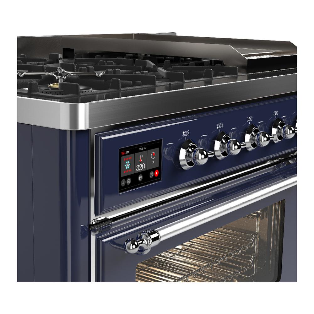 Ilve UM48FNR3MBCLP Ilve Um48Fnr3Mbclp Majestic Iii 48 Inch Dual Fuel Range With 8 Burners And Griddle, Dual Function Burner Up To 25,000 Btu (Liquid Propane, Triple Glass Door, Midnight Blue, Chrome)