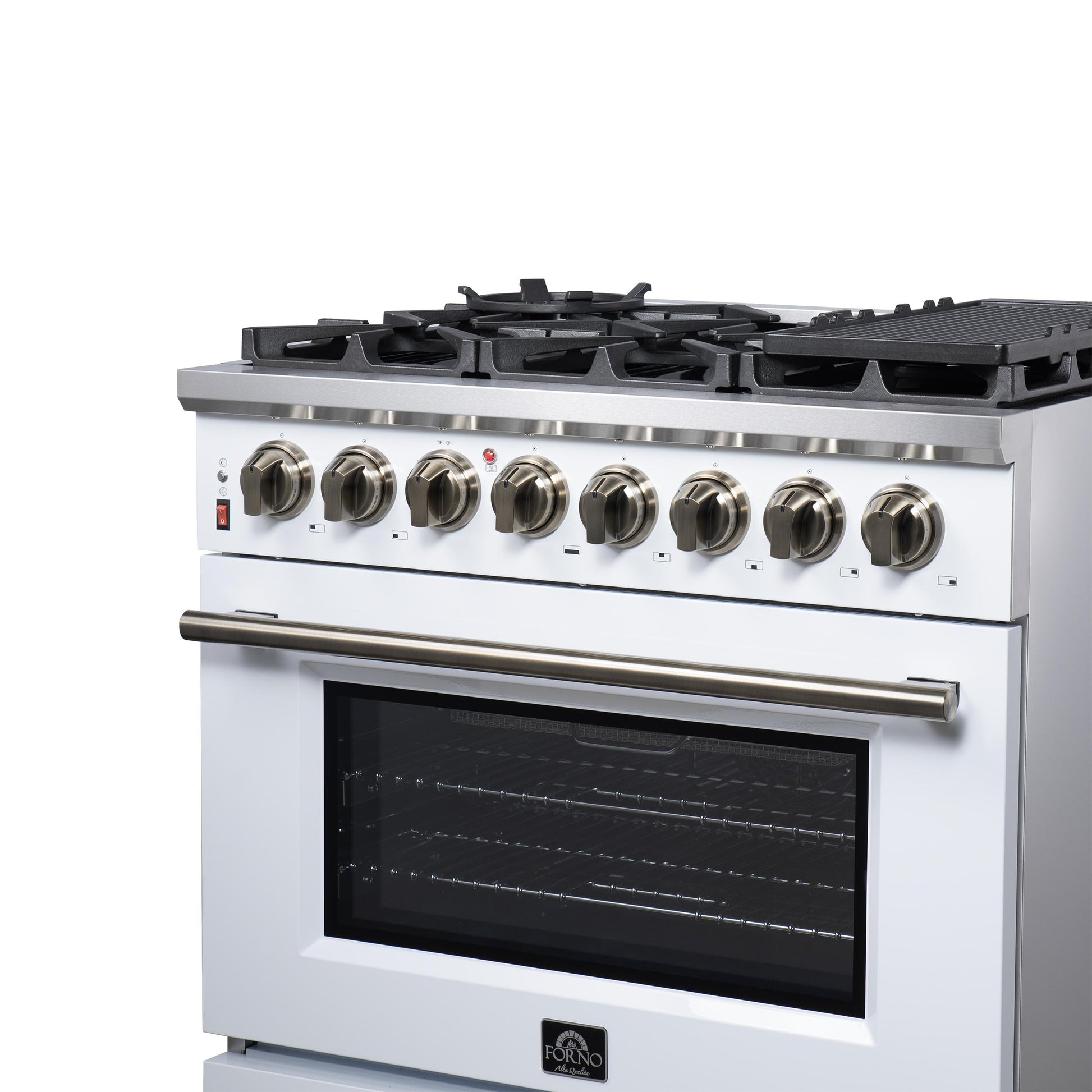 Forno FFSGS612536WHT Forno Massimo 36 Inch Freestanding Dual Fuel Range In White With Antique Brass Accessories, 6 Burners, 5.36 Cu. Ft. Convection Oven
