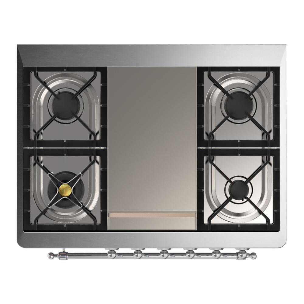 Ilve UM36FQNR3MGC Ilve Um36Fqnr3Mgc Majestic Iii 36 Inch Dual Fuel Range With 6 Black Brass Burners And Griddle, Dual Function Burner Up To 25,000 Btu (Solid Door, Graphite Matte, Chrome, Natural Gas)
