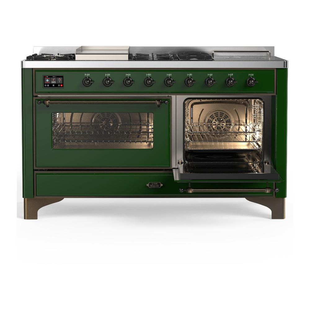 Ilve UM60FSNR3EGBLP Ilve Um60Fsnr3Egblp Majestic Iii 60 Inch Dual Fuel Range With 7 Burners, Griddle And French Top, Dual Function Burner With Up To 25,000 Btu (Liquid Propane, Triple Glass Door, Emerald Green, Burnished)