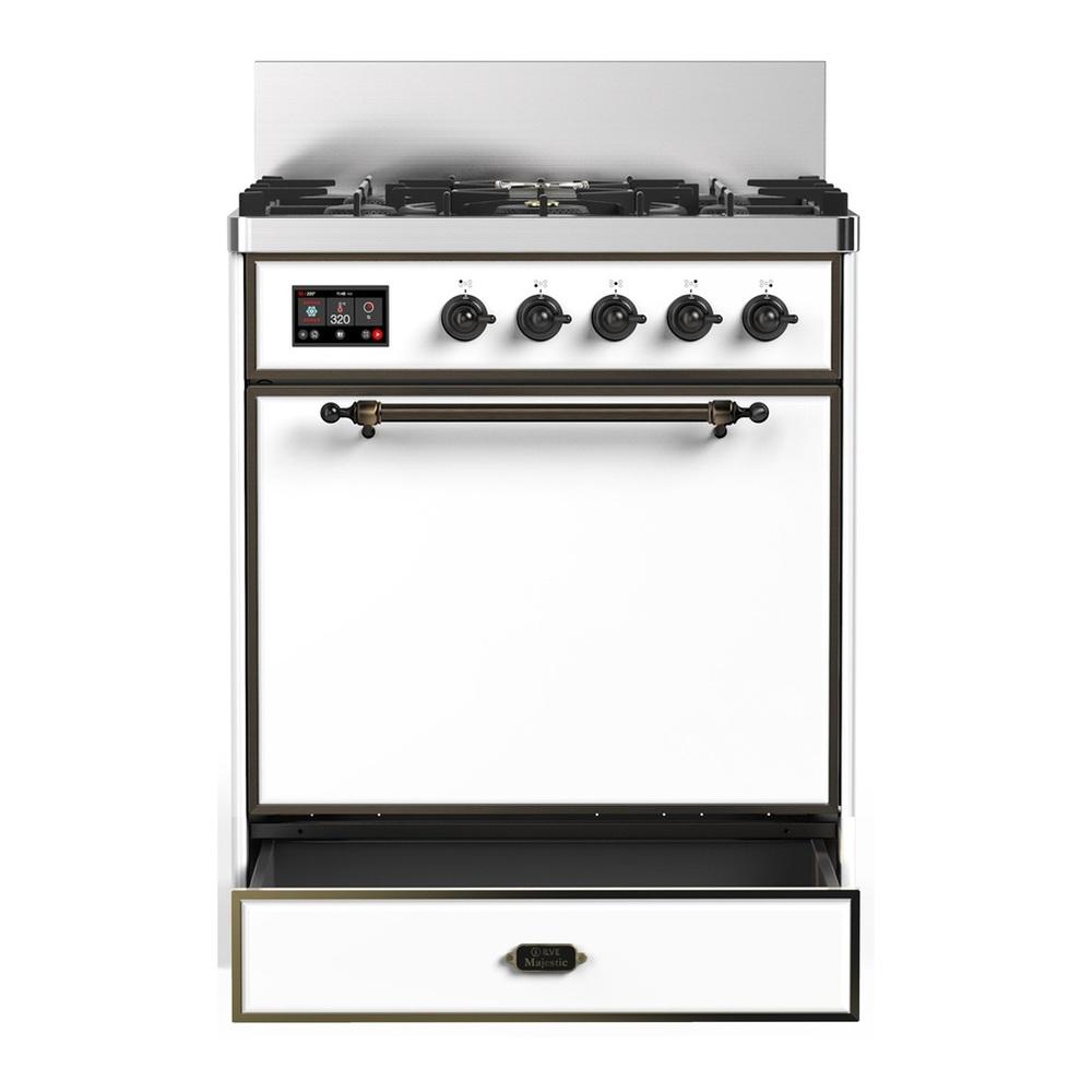 Ilve UM30QNR3WHB Ilve Um30Qnr3Whb Majestic Iii 30 Inch Dual Fuel Range With 5 Black Brass Burners, Dual Function Burner Up To 25,000 Btu (Natural Gas, Solid Door, White, Burnished)