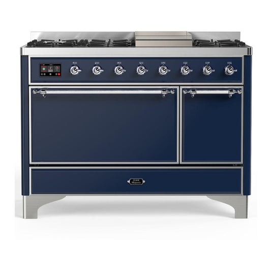 Ilve UM48FQNR3MBC Ilve Um48Fqnr3Mbc Majestic Iii 48 Inch Dual Fuel Range With 8 Burners And Griddle, Dual Function Burner Up To 25,000 Btu (Natural Gas, Solid Door, Midnight Blue, Chrome)
