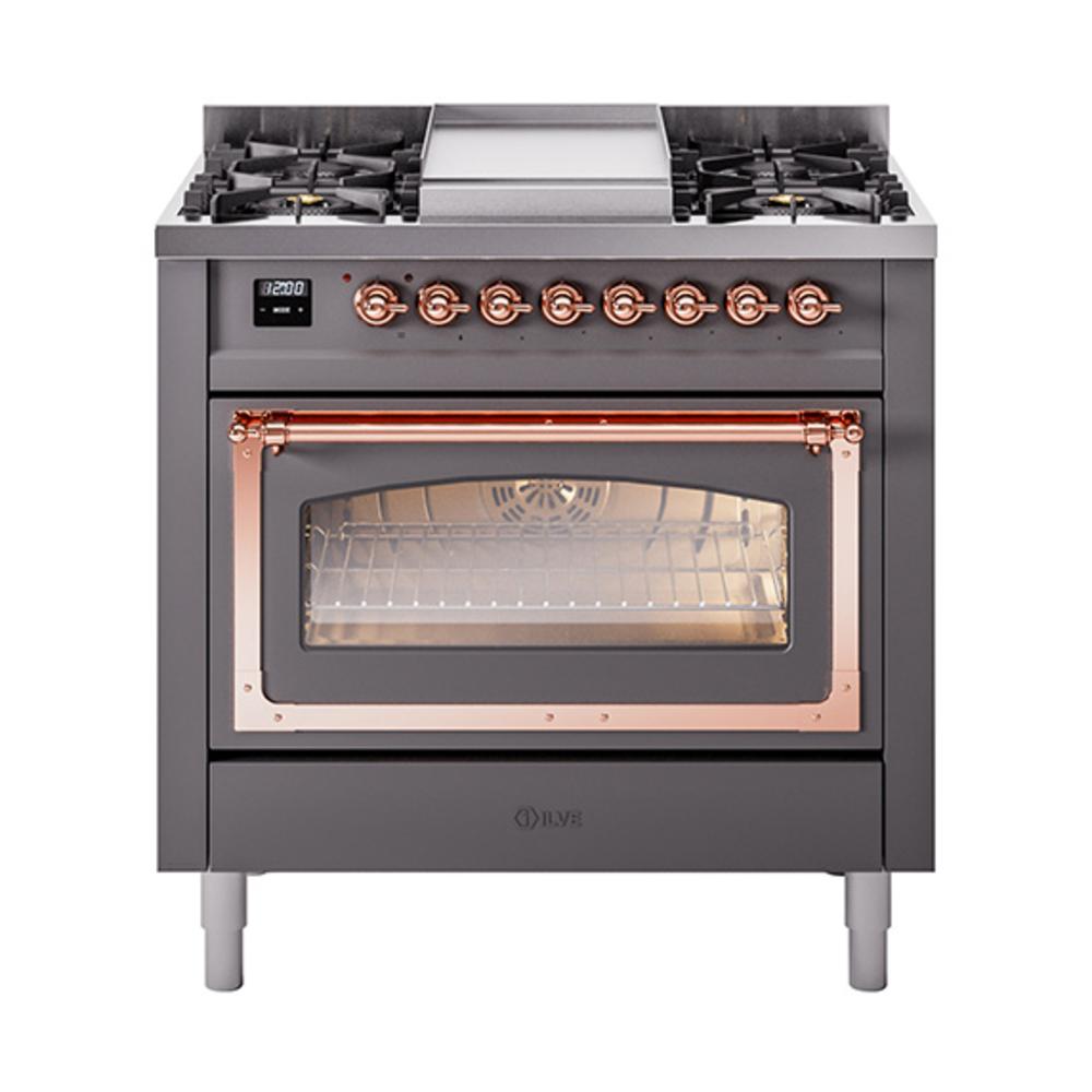 Ilve UN36FNMPMGPLP Ilve Un36Fnmpmgplp Nostalgie Ii Noblesse 36" Dual Fuel Range (Liquid Propane, Triple Glass Door, Graphite Matte, Copper)