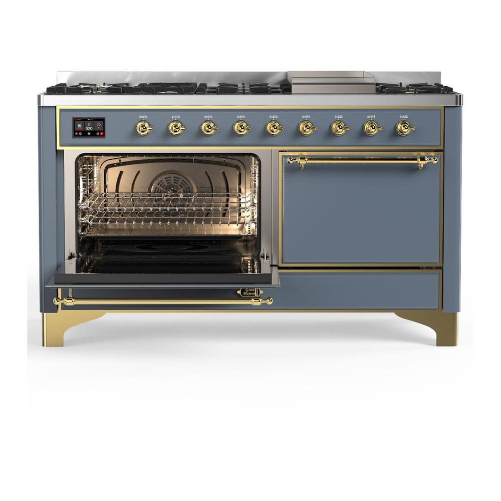 Ilve UM60FQNR3BGGLP Ilve Um60Fqnr3Bgglp Majestic Iii 60 Inch Dual Fuel Range With 9 Burners And Griddle, Dual Function Burner Up To 25,000 Btu (Liquid Propane, Solid Door, Blue Grey, Brass)