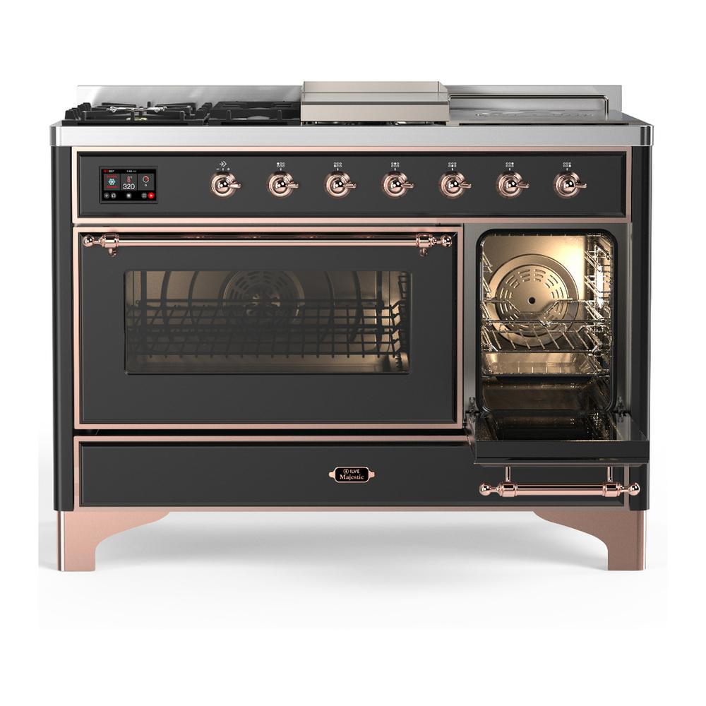 Ilve UM48FSNR3MGP Ilve Um48Fsnr3Mgp Majestic Iii 48 Inch Dual Fuel Range With 5 Black Brass Burners, Griddle And French Top, Dual Function Burner Up To 25,000 Btu (Natural Gas, Triple Glass Door, Graphite Matte, Copper)