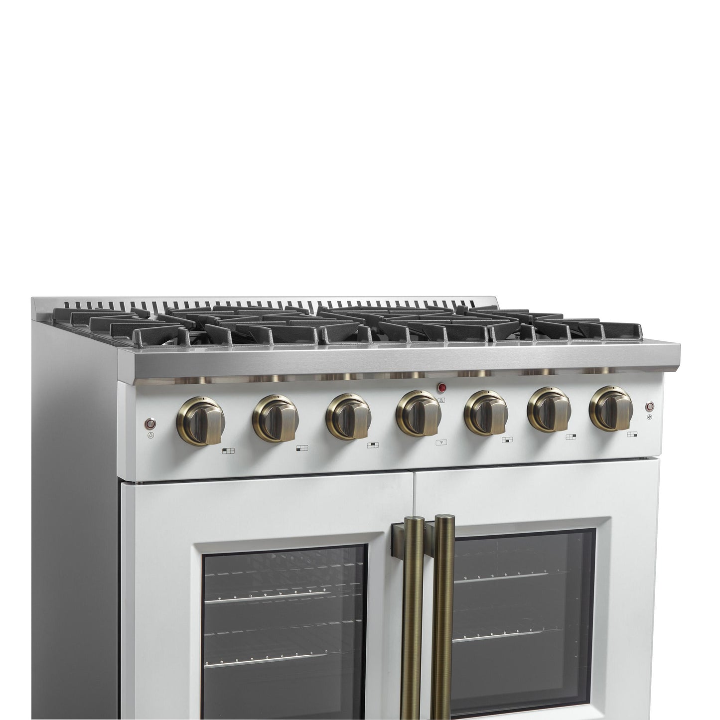 Forno FFSGS644436WHT Forno Galiano 36-Inch French Door Gas Range White And Antique Brass Design, 6 Sealed Burners 83,000 Btu, 5.36 Cu.Ft. Convection Oven