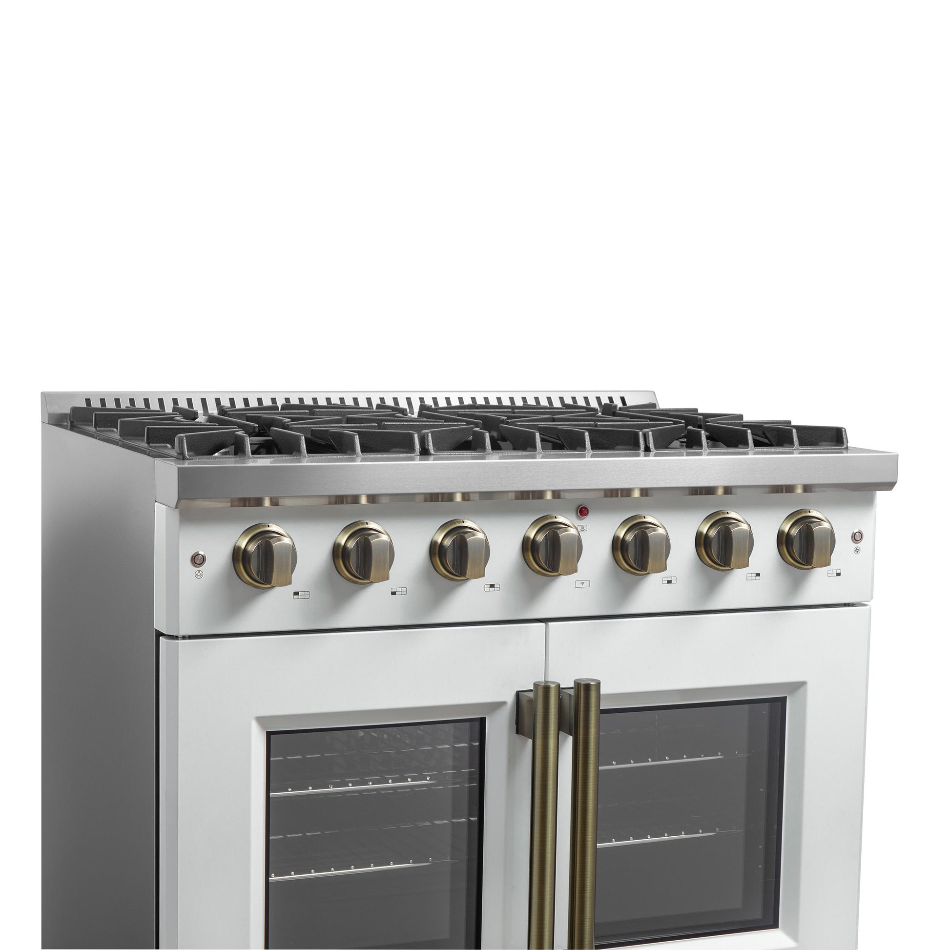 Forno FFSGS644436WHT Forno Galiano 36-Inch French Door Gas Range White And Antique Brass Design, 6 Sealed Burners 83,000 Btu, 5.36 Cu.Ft. Convection Oven