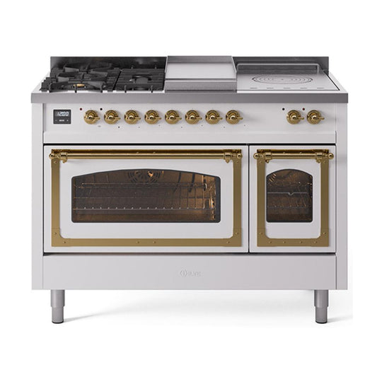 Ilve UN48FSNMPWHGLP Ilve Un48Fsnmpwhglp Nostalgie Ii Noblesse 48" Dual Fuel Range (5 Sealed Burners + Griddle + French Top, Liquid Propane, Triple Glass Door, White, Brass)