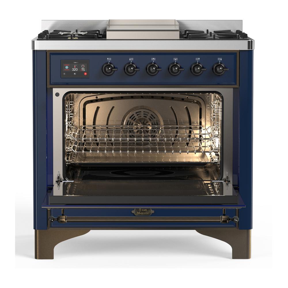 Ilve UM36FNR3MBB Ilve Um36Fnr3Mbb Majestic Iii 36 Inch Dual Fuel Range With 6 Black Brass Burners And Griddle, Dual Function Burner Up To 25,000 Btu (Triple Glass Door, Midnight Blue, Burnished, Natural Gas)