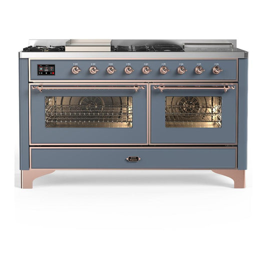 Ilve UM60FSNR3BGPLP Ilve Um60Fsnr3Bgplp Majestic Iii 60 Inch Dual Fuel Range With 7 Burners, Griddle And French Top, Dual Function Burner With Up To 25,000 Btu (Liquid Propane, Triple Glass Door, Blue Grey, Copper)